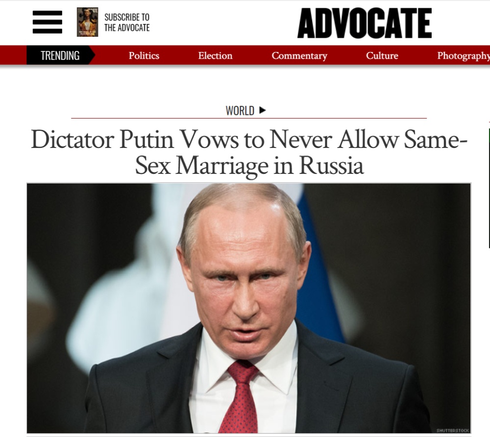 14.02.20 Advocate.com: Dictator Putin Vows to Never Allow Same-Sex Marriage in Russia